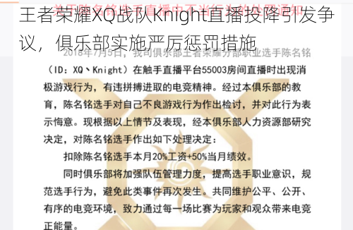 王者荣耀XQ战队Knight直播投降引发争议，俱乐部实施严厉惩罚措施