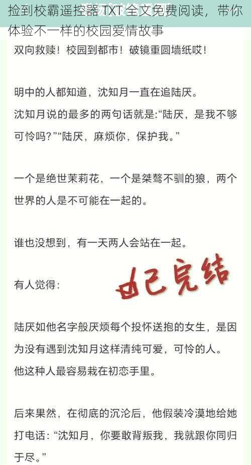 捡到校霸遥控器 TXT 全文免费阅读，带你体验不一样的校园爱情故事