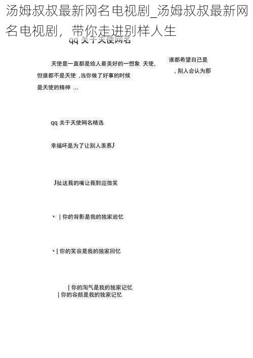 汤姆叔叔最新网名电视剧_汤姆叔叔最新网名电视剧，带你走进别样人生