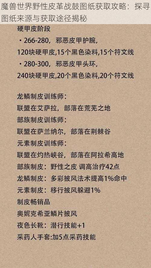 魔兽世界野性皮革战鼓图纸获取攻略：探寻图纸来源与获取途径揭秘