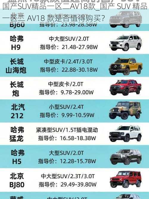 国产SUV精品一区二AV18款_国产 SUV 精品一区二 AV18 款是否值得购买？