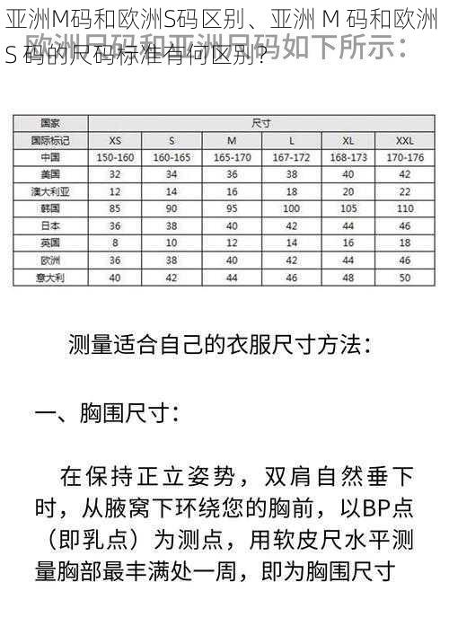 亚洲M码和欧洲S码区别、亚洲 M 码和欧洲 S 码的尺码标准有何区别？